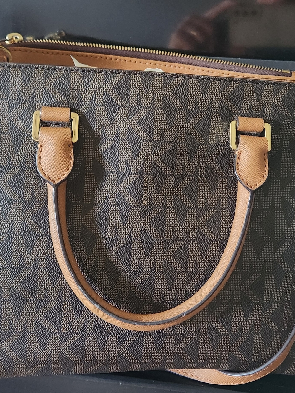 Michael Kors Dark Brown Logo Satchel with Tan Trim and Gold Hardware - Picture 6 of 6